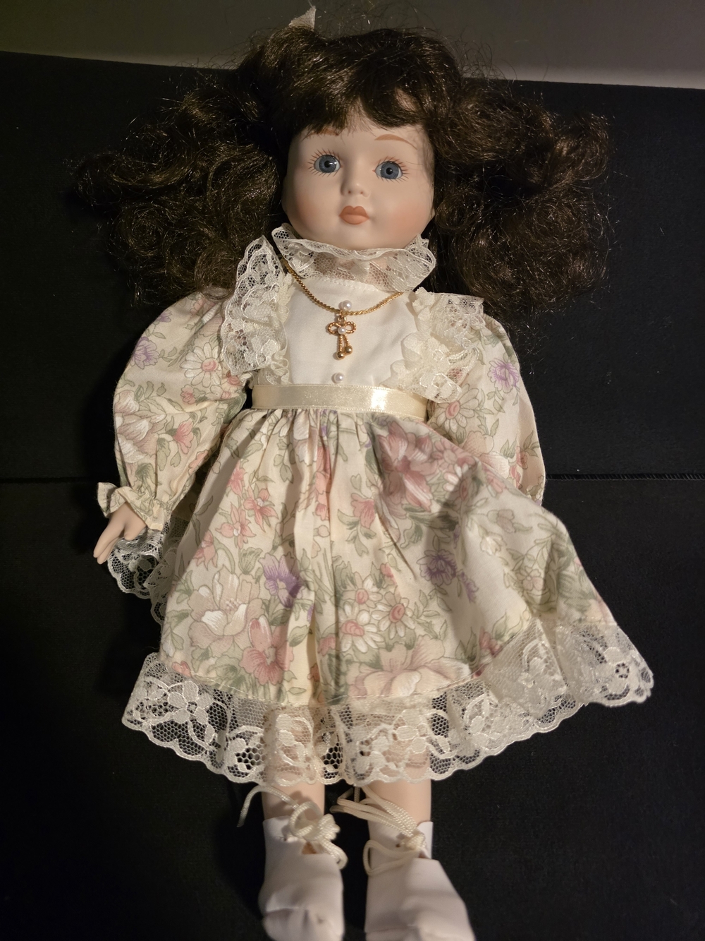 Vintage 16" Porcelain Collector Doll Brunette Blue Eyes Floral Lace Dress